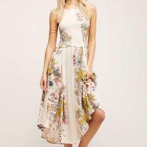 Free People Cream Smocked Floral Midi Dress